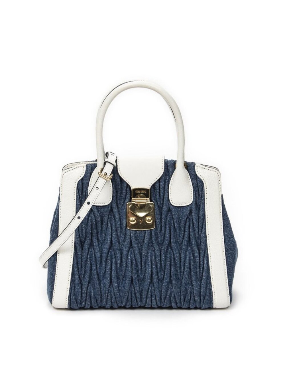 Miu Miu Push Lock Top Handle Blue Denim Ivory Matelasse